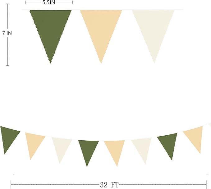 32Ft Sage Green Party Decorations Olive Green Tan Brown Cream Neutral Triangle Flag Fabric Banner Pennant Bunting Garland Streamers for Birthday Wedding Baby Shower Woodland Jungle Safari Party Decor