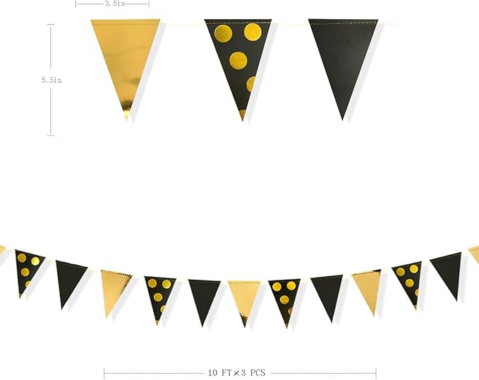 30Ft Black Gold Party Decorations Polka Dot Pennant Banner Paper Circle Dot Triangle Flags Bunting Garland for Wedding Bridal Shower Birthday Bachelorette Engagement Anniversary Holiday Party Supplies