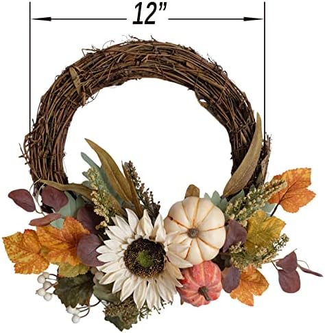 12" fall harvest pumpkin and sunflower wreath shown in use