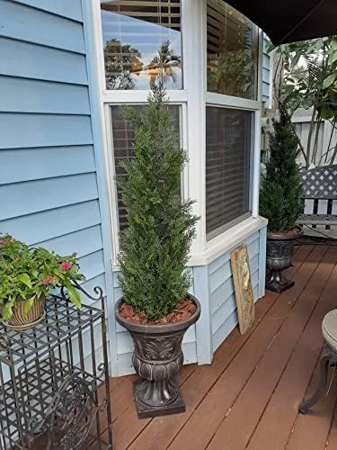 two 5 foot outdoor artificial cedar topiary trees shown in use