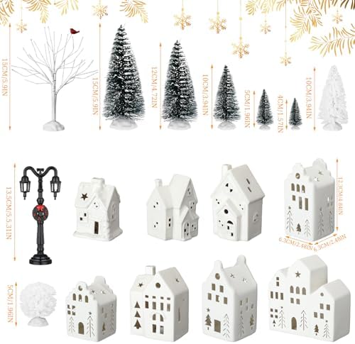 cindeer 26 pcs white elegant ceramic christmas village shown in use
