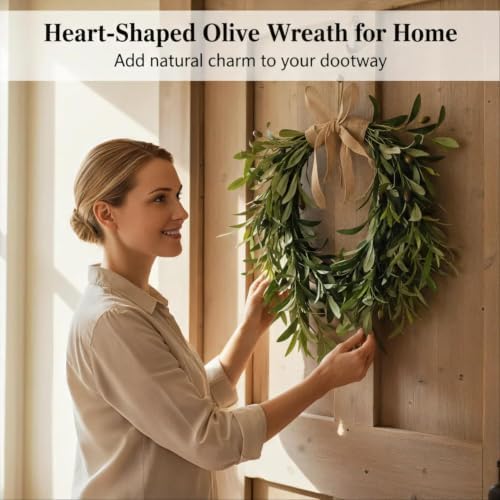 22 inch lifelike faux heart shaped olive wreath showing dimensions