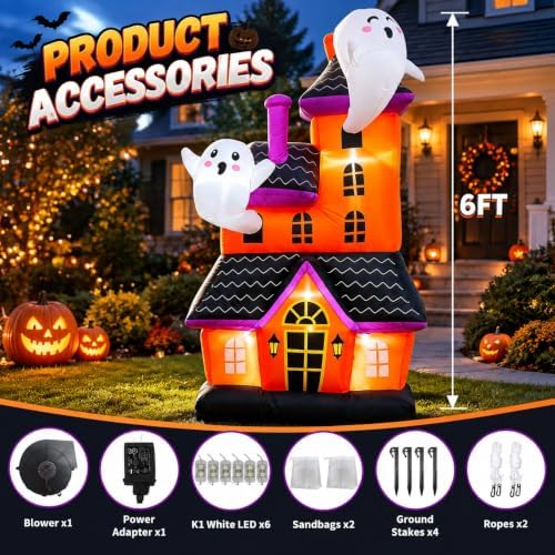 6 ft halloween inflatable haunted house with 2 showing dimensions