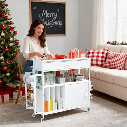 height-adjustable gift wrapping station with paper clamp & on a desk or shelf