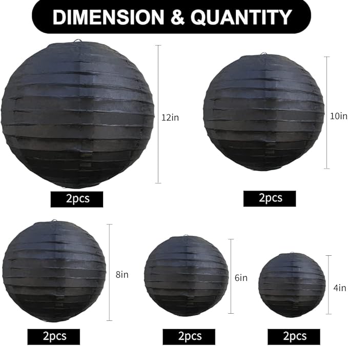 BEISHIDA Black Round Paper Lanterns Decorative Hanging Asia Chinese Japanese Paper Lanterns Lamp for Birthday Wedding Halloween Home Decor Party Decoration（10 Packs）