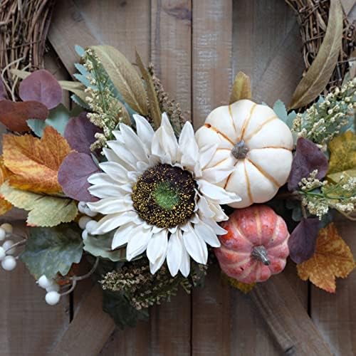 12" fall harvest pumpkin and sunflower wreath, front angle view