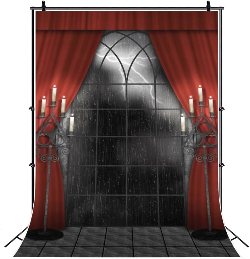 Renaiss 8x12ft Vintage Gothic Window Backdrop Red Curtain Candlestick Black F...