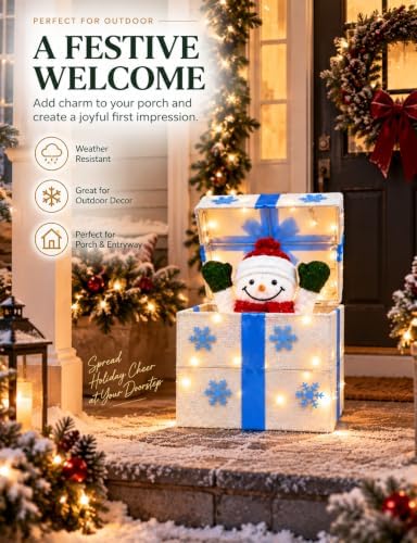christmas decorations outdoor, lighted pop-up snowman gift box on a desk or shelf