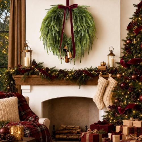 24” christmas wreaths for front door, norfolk pine showing dimensions