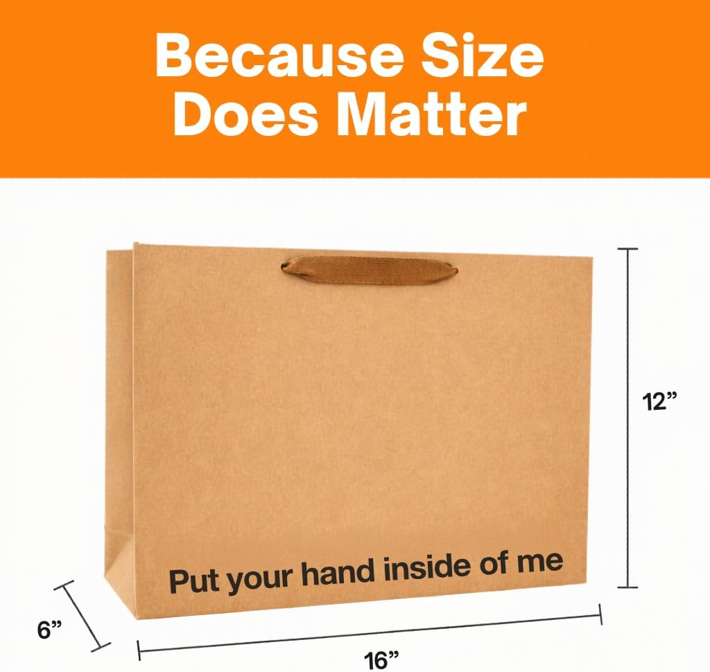 MilkToast Brands Funny Gift Bag, 16" x 6" x 12" Size, Put Your Hand Inside of Me, Large Kraft Paper Bag with Sarcastic Phrases, Funny Gift Bag for Mother's Day, Birthdays, Graduation
