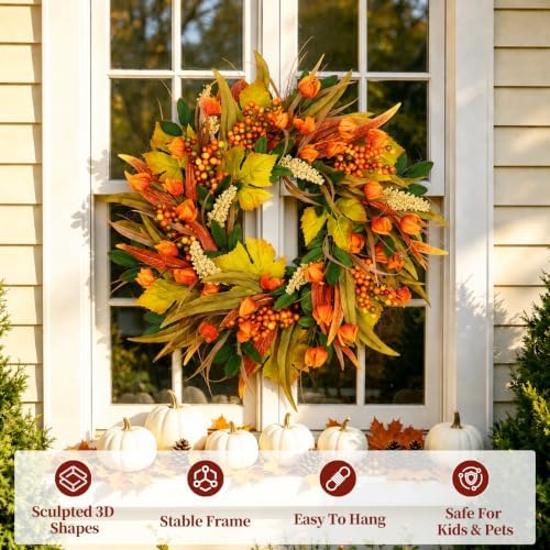 yangrass 24 inch fall harvest wreath for front showing dimensions