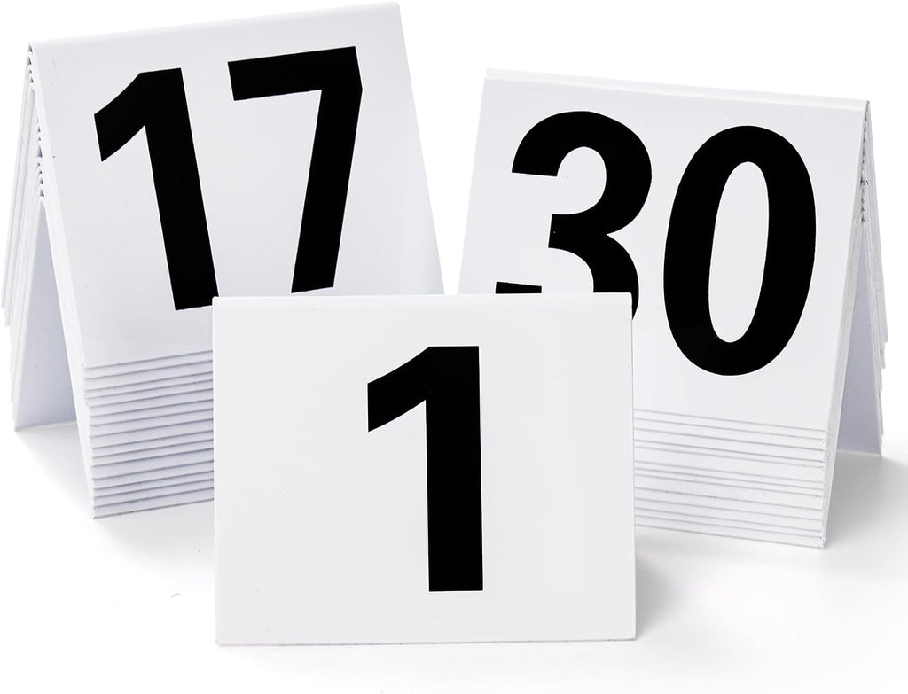 Okllen Set of 30 Restaurant Table Numbers1-30 White, Double Side Acrylic Tent Style Table Numbers for Party, Banquets, Wedding Reception, Events, 3.5"x3"x2.3"
