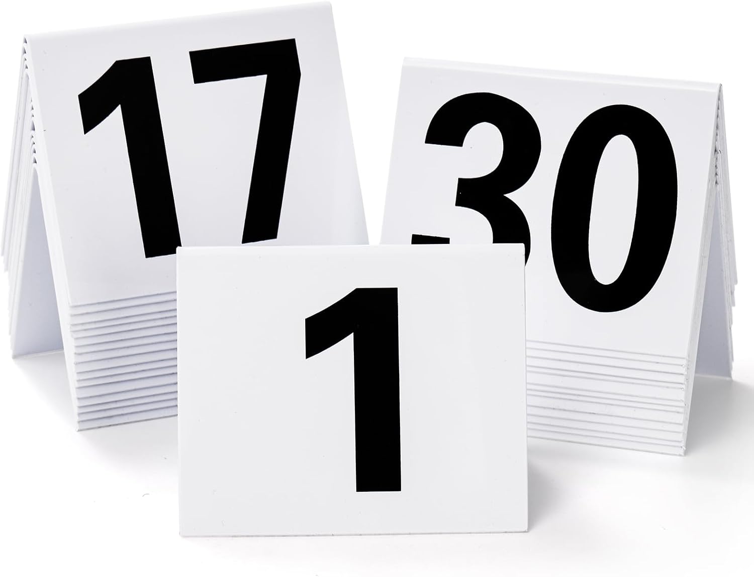 Okllen Set of 30 Restaurant Table Numbers1-30 White, Double Side Acrylic Tent Style Table Numbers for Party, Banquets, Wedding Reception, Events, 3.5"x3"x2.3"