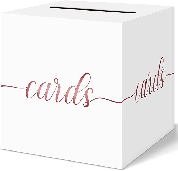 QIKSION White Wedding Card Box, Rose Gold Foil Gift Card Box for Party, Wedding Reception, Graduation, Birthday, Baby Shower, Raffle