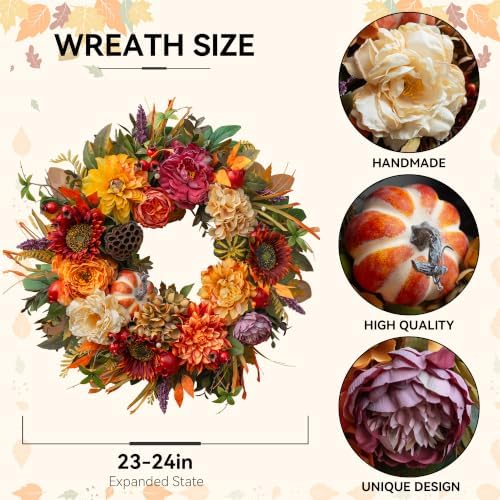 24 inch artificial harvest fall wreaths for front, close-up detail