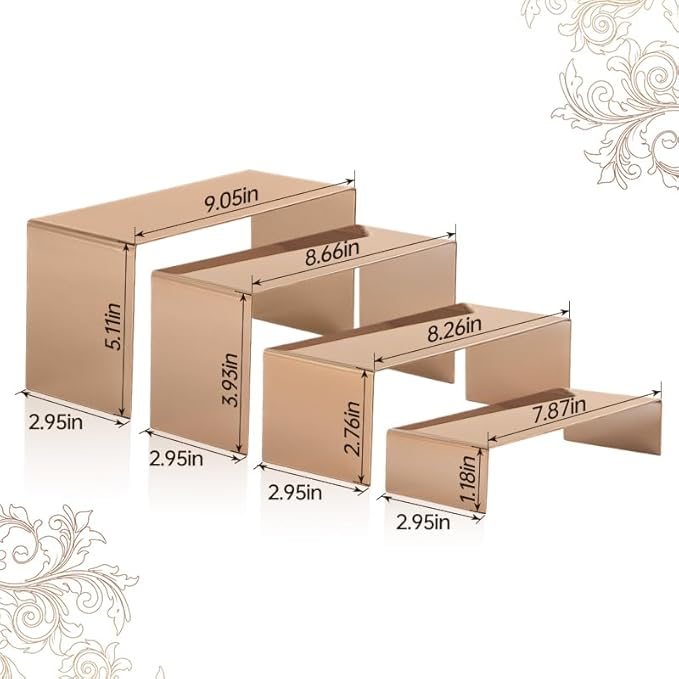 4 Pcs Stainless Steel Display Risers, Display Stand for Cupcake Dessert Perfume Purse Handbag Shoe and Funko Pop, Rose Gold