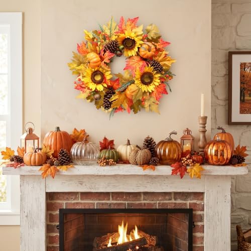 mumtop 22" fall wreath for front door, sunflower on a desk or shelf