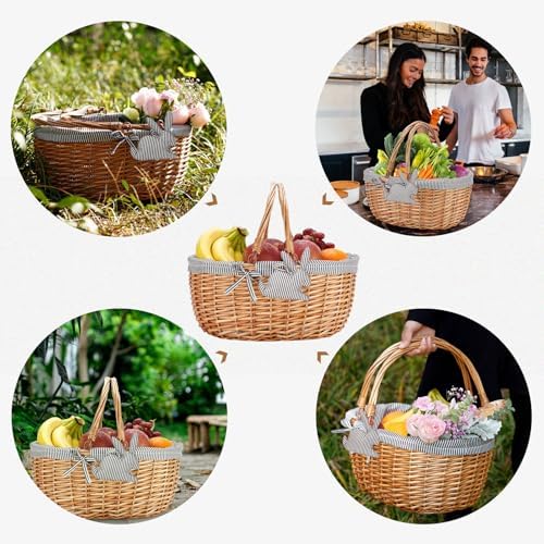 good gain picnic basket with folded handles,wicker empty, front angle view