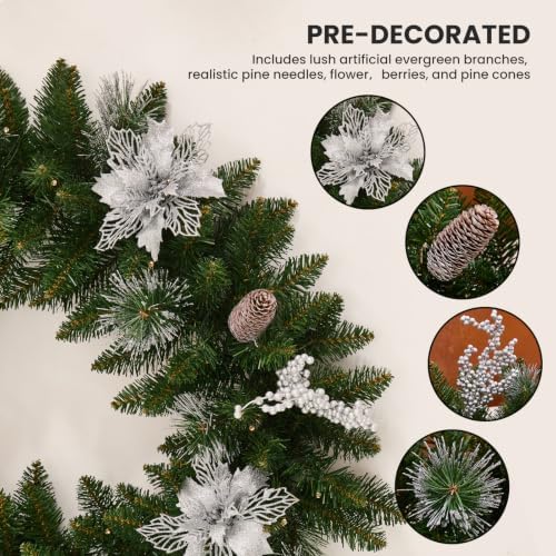 9 ft pre-lit christmas garland, color-changing lights and, close-up detail