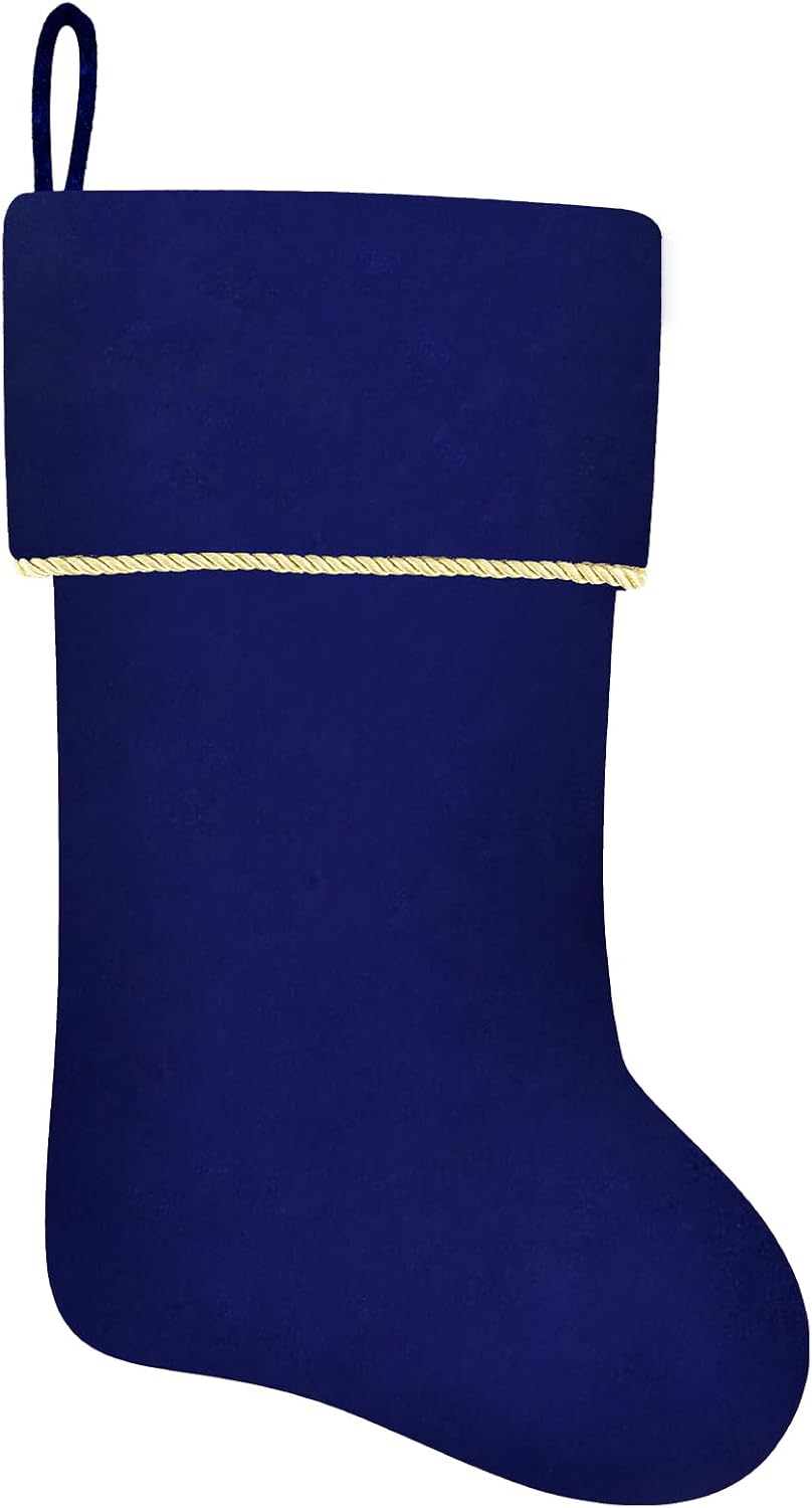 20 Inches Initial Monogram Blue Christmas Stocking, Personalized Large Soft Velvet Christmas Stocking with Gold Trim Decoration for Family Christmas Holiday Party Decor