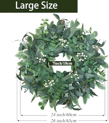 24"-26“ green eucalyptus wreaths for front door with on a desk or shelf