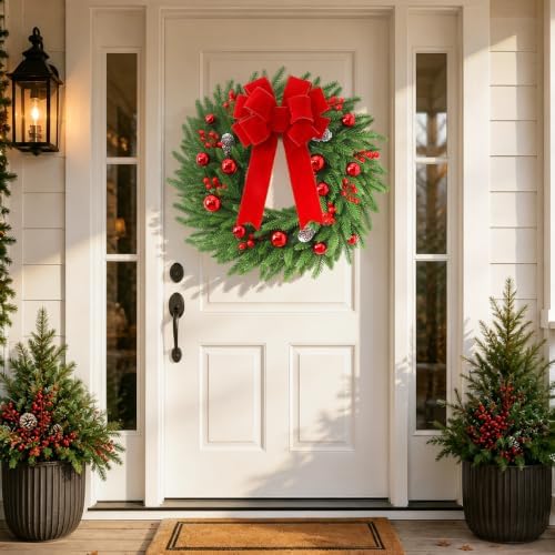 24'' christmas wreath with lights, christmas norfolk wreaths, close-up detail