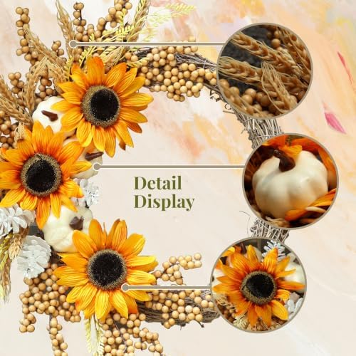 20 inch sunflower fall wreath for front door, close-up detail