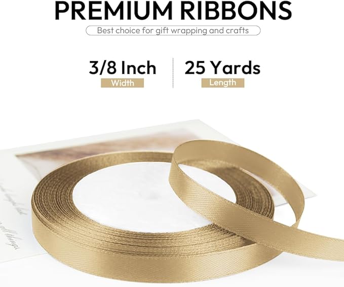 3/8 Inch 25 Yards Satin Ribbon Champagne Gold, Solid Color Fabric Ribbon for Gift Wrapping, Wedding, Polyester Gift Ribbon for Birthday Party Decoration, Craft, Hair, Floral, Sewing