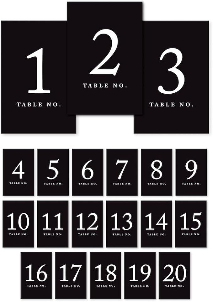 Andaz Press Table Numbers 1-20, Black, 4x6-Inch Single Side, 1-Set, For Weddings & Graduations