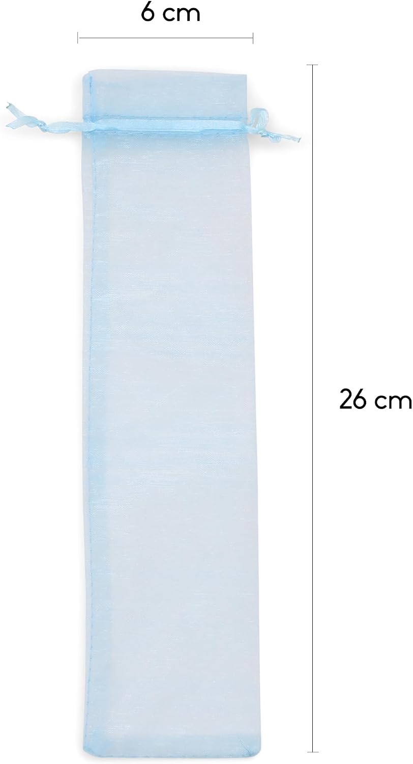 OLILLY – 50 Blue Organza Bags – Size 10.2 × 2.4 in – Perfect for Long Items (Fans, Pens, etc.)