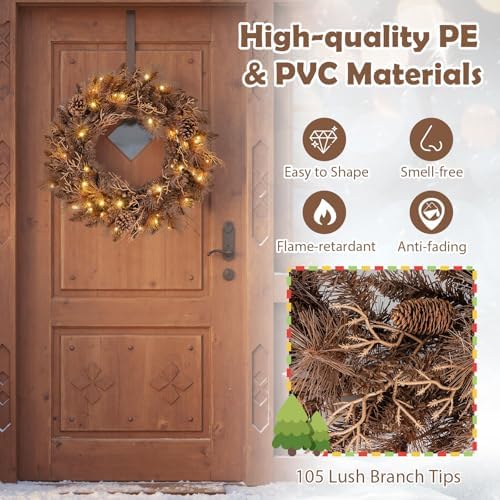 goplus 24 inch pre-lit christmas wreath, battery operated showing dimensions