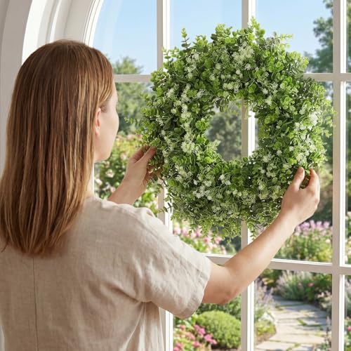 26 inch faux boxwood wreath for front door, side view