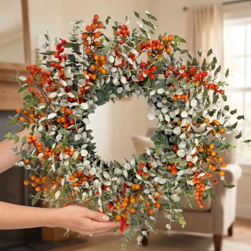 24" fall eucalyptus boxwood wreath, orange berries front, close-up detail