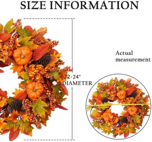 24 inch harvest fall wreath, farmhouse pumpkin pinecone showing dimensions