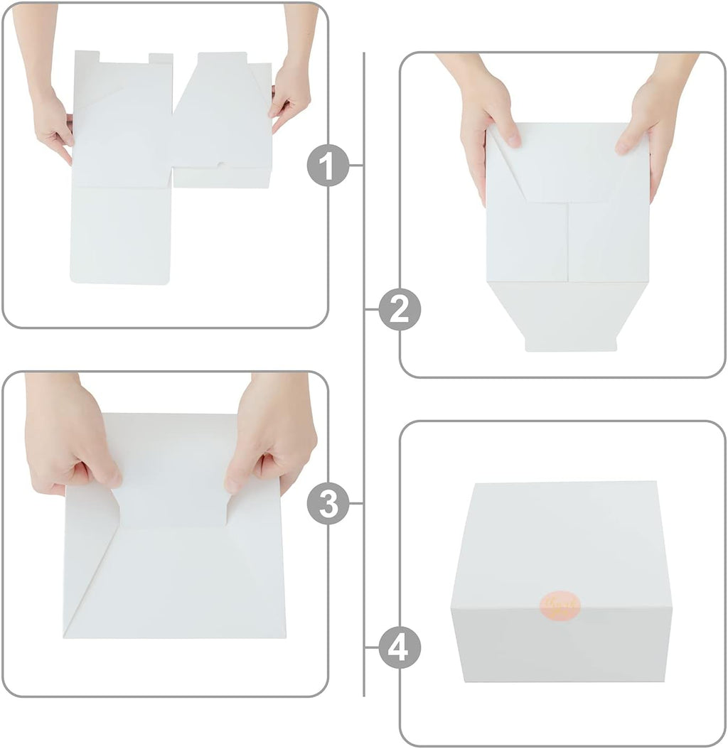YUEFANBOX 12 Pack White Gift Boxes, 8x8x4in, with Lids, 80ft Twine, Stickers & Tape, Easy Assemble for Bridesmaid Proposal, Wedding, Party Favors