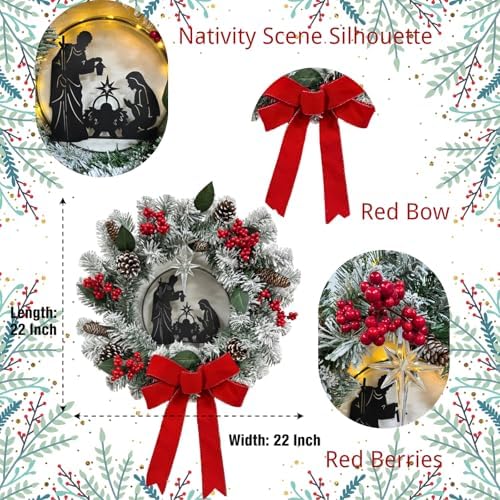 svndlyn 22 inch lighted christmas wreath with nativity, close-up detail