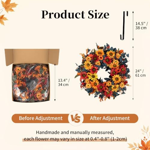 blosmon 24in fall wreaths for front door, sunflower, close-up detail