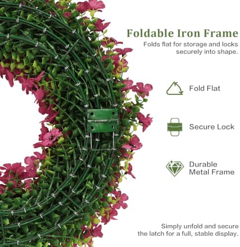 20" fuchsia artificial floral wreath for front door, side view