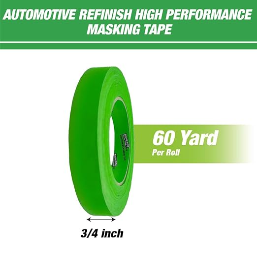 LAUCO DINOGREN High Performance Automotive Masking Tape (0.75 in x 60 yd, 12 Rolls) – Green Crepe Tape for Car Paint, Heat & Water Resistant, Body Shop Use, Clean Removal, Multi-Surface Application