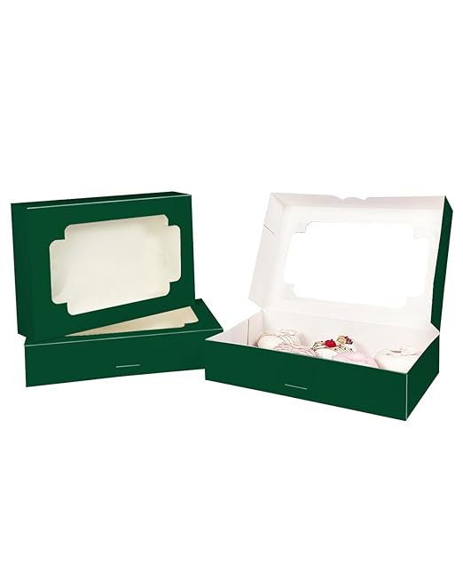 qiqee Auto-pop up Deep Green Cookie Box with Window 12x8x2.5 inch 32 Packs Two Uses One Second Folding Pastry Biscuit Bakery Box for Packaging