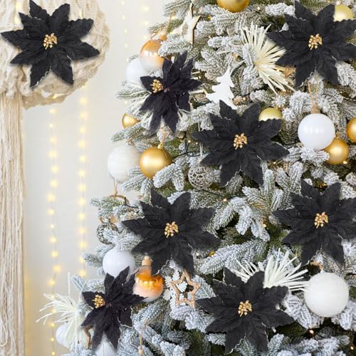 thiccywoov 16 pcs 9.8" black poinsettia christmas ornaments, close-up detail