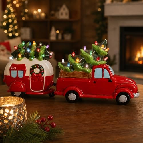 ceramic christmas tree and vintage truck - nostalgic showing dimensions