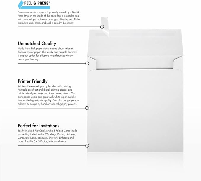LUXPaper Square Invitation Envelopes | Peel & Press | 5 1/4" x 5 1/4" | Bright White | 70lb. Text | 50 Qty