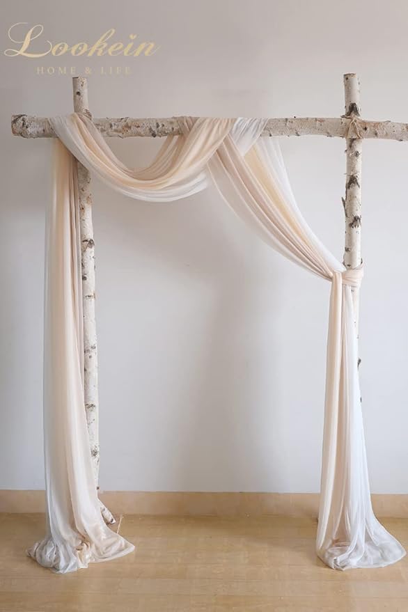 Lookein Chiffon Arch Fabric Drapes for Wedding Arbor Ceremoney Backdrop Decoration Stair Swag, 3 Panels 30" Wide 6 Yards, Cream & Nude