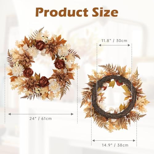 24 inch fall brown wreaths for front door, close-up detail