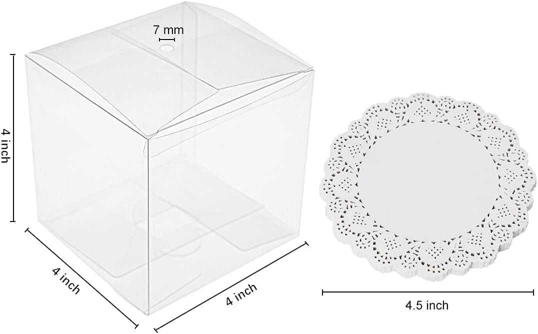 JOERSH 4"x 4"x 4" Candy Apple Boxes with Hole and Paper Doilies, 60 Sets | Clear Caramel Apples Boxes, Food Grade PET Plastic, For Standard and Large Apples, Chocolates, Treats