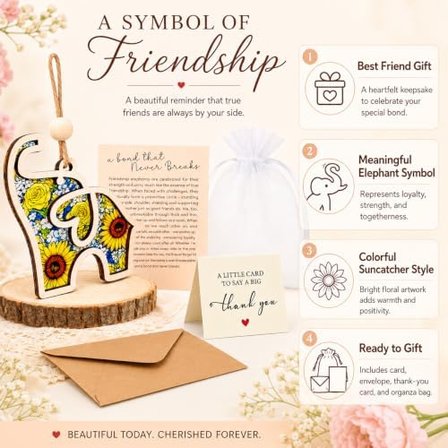 Best Friend, Friendship Elephant Ornament with Story Card, Suncatcher Window Decor - Birthday Gifts for Women, Bestie & Sister Gifts, Unique Galentines Holiday Friendship Decor
