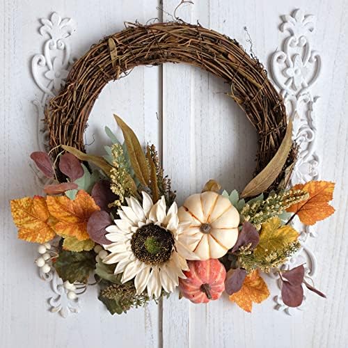 12" fall harvest pumpkin and sunflower wreath showing dimensions