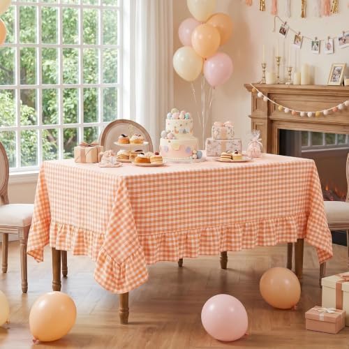 Eternal Beauty Gingham Ruffled Tablecloth Orange White 60x120 Thanksgiving