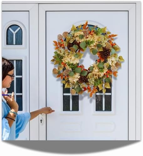 22 in fall hydrangea wreath with eucalyptus, pinecones showing dimensions